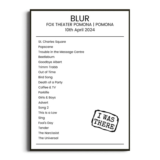 Blur Pomona 10 April 2024 Setlist Poster