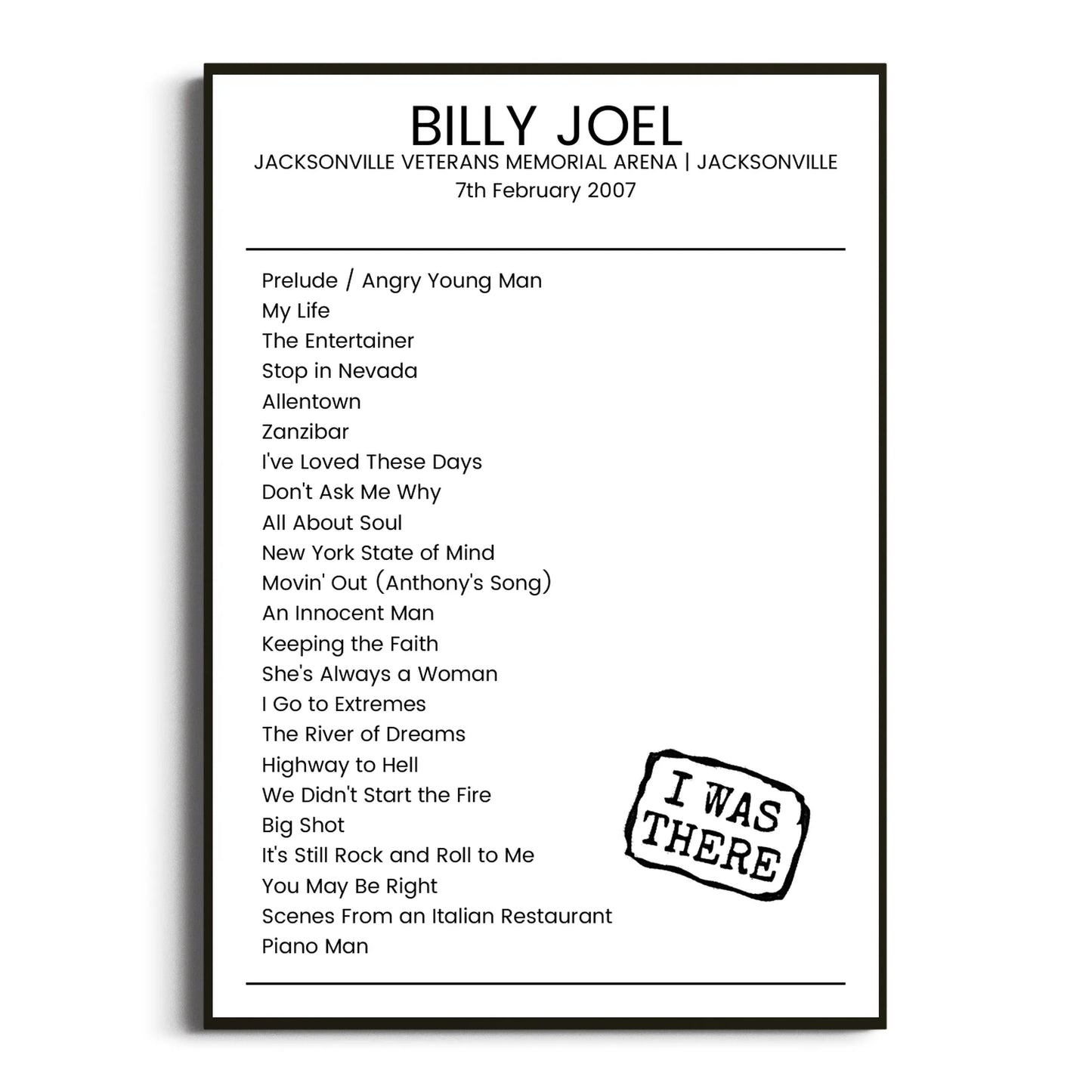 Billy Joel Jacksonville 07 February 2007 Setlist Poster