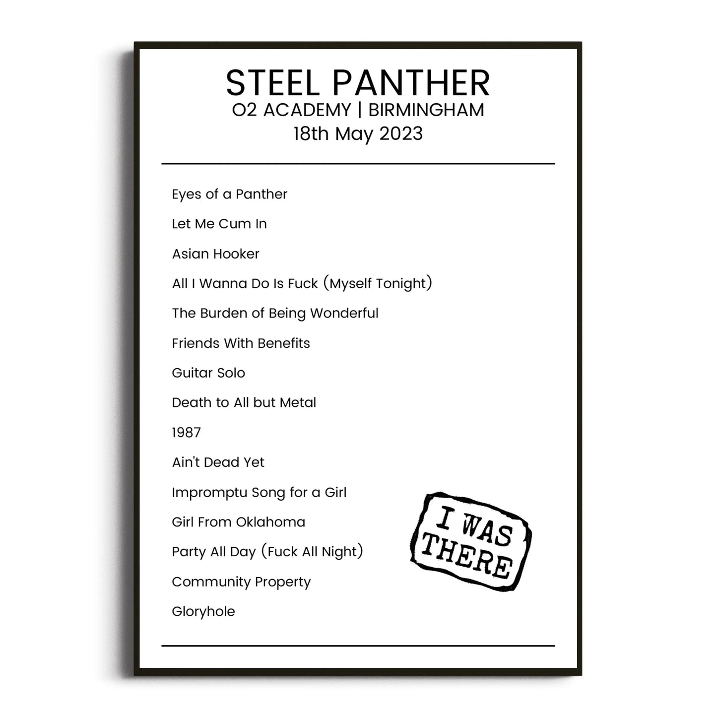 Steel Panther Birmingham 18 May 2023 Setlist Poster