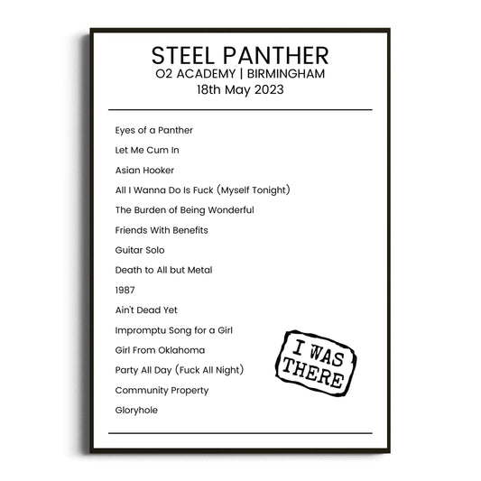 Steel Panther Birmingham 18 May 2023 Setlist Poster