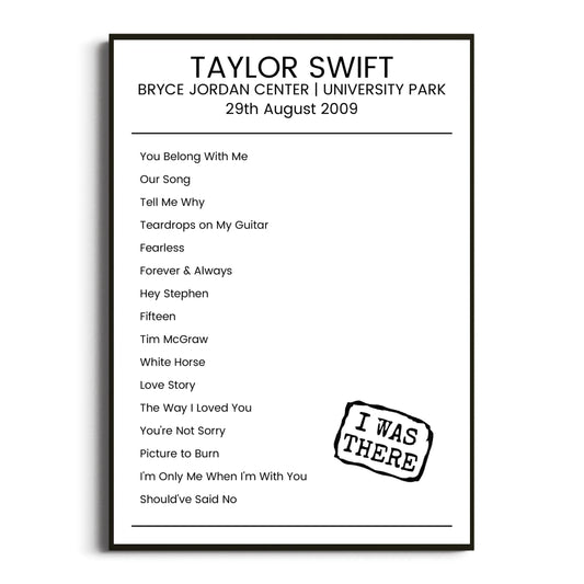 Taylor Swift University Park 29 August 2009 Setlist Poster