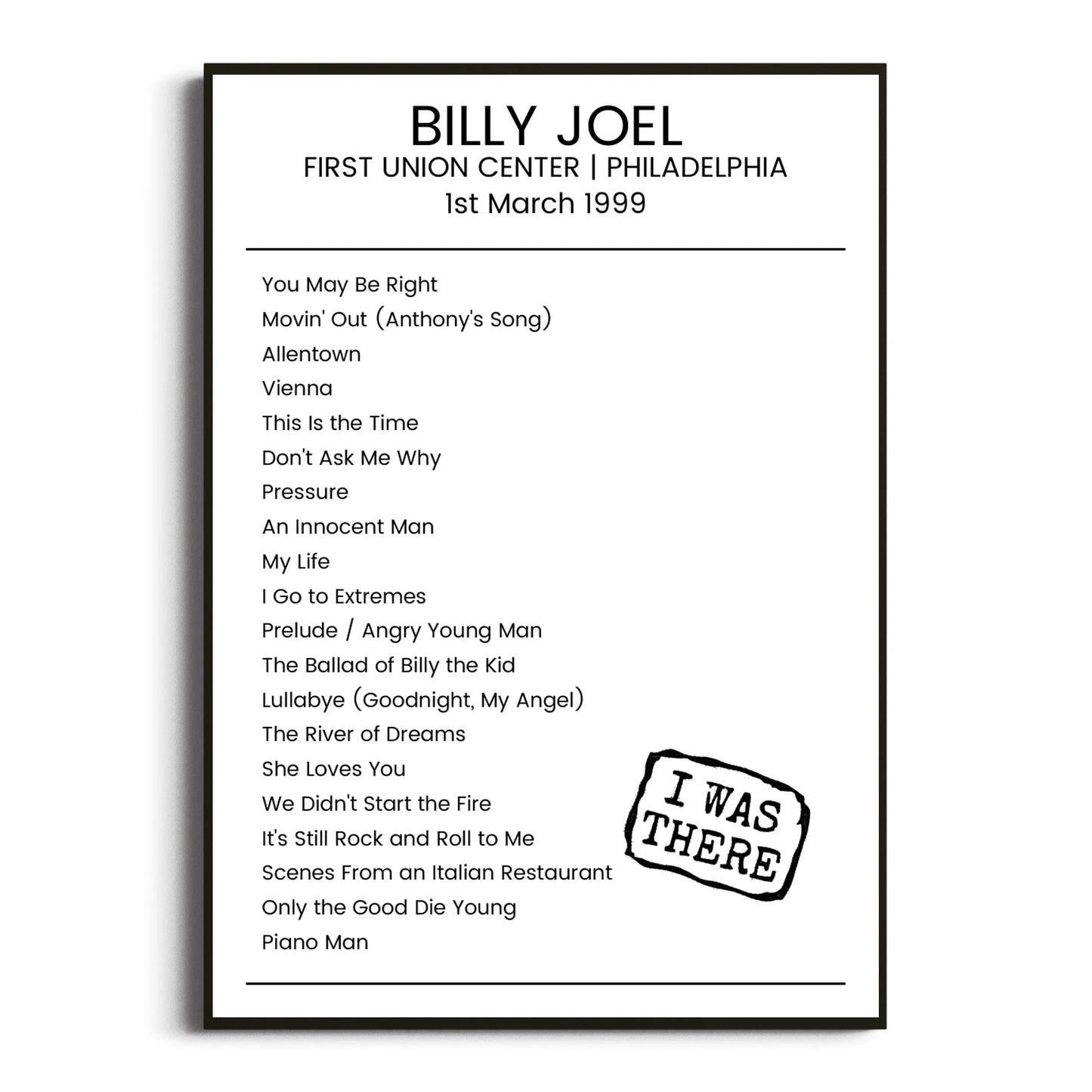 Billy Joel Philadelphia 01 March 1999 Setlist Poster