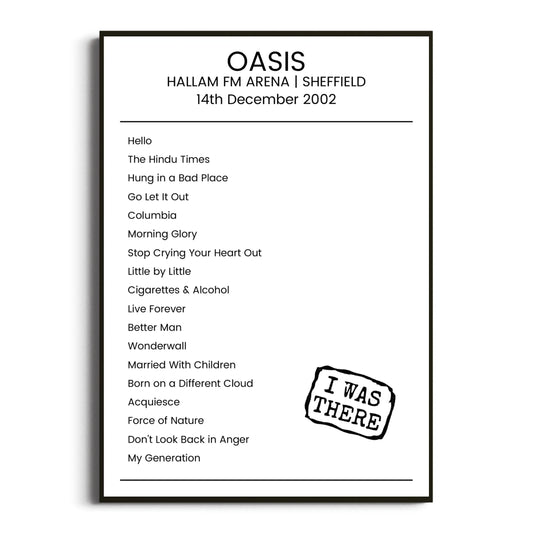 Oasis Sheffield 14 December 2002 Setlist Poster