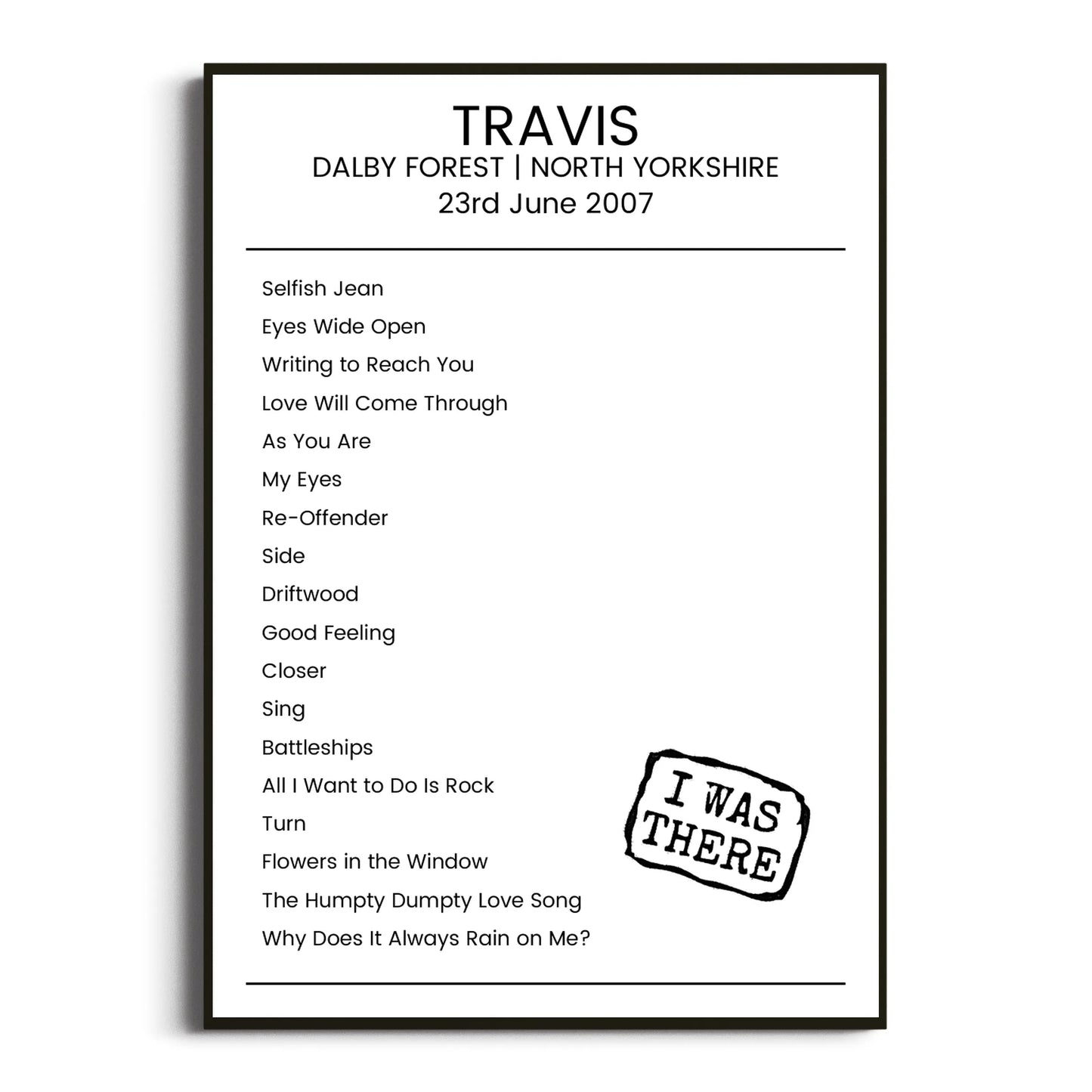 Travis North Yorkshire 23 June 2007 Setlist Poster