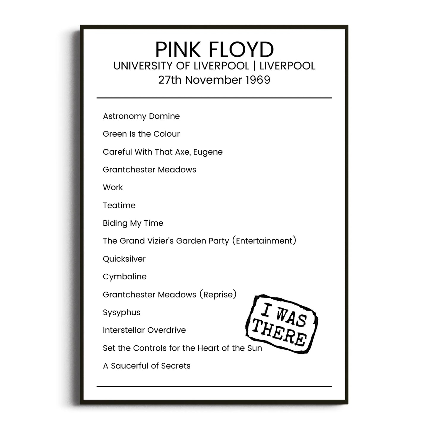 Pink Floyd Liverpool 27 November 1969 Setlist Poster