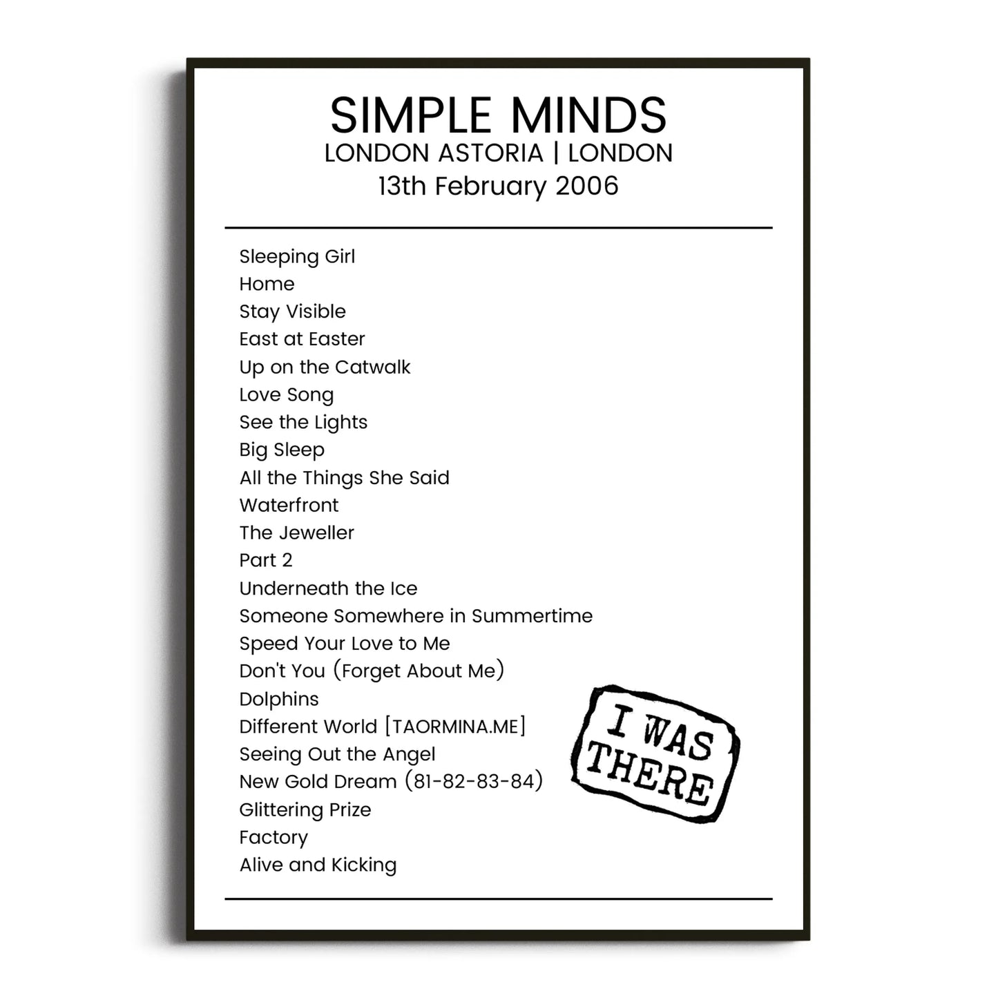 Simple Minds London 13 February 2006 Setlist Poster