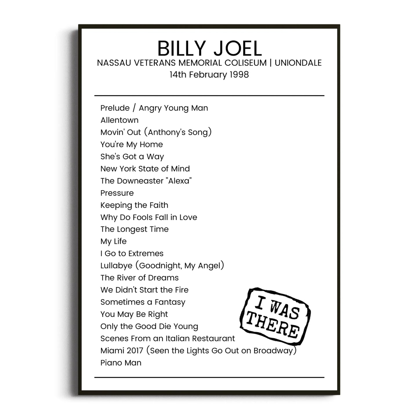 Billy Joel Uniondale 14 February 1998 Setlist Poster