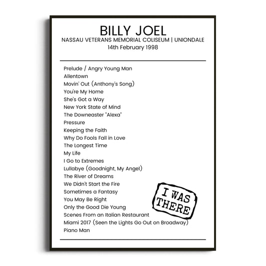 Billy Joel Uniondale 14 February 1998 Setlist Poster