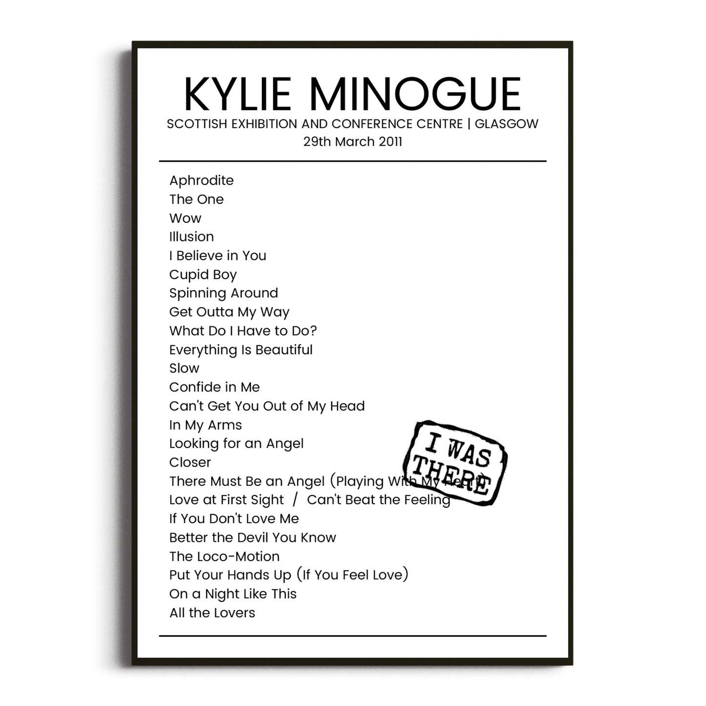 Kylie Minogue Glasgow 29 March 2011 Setlist Poster