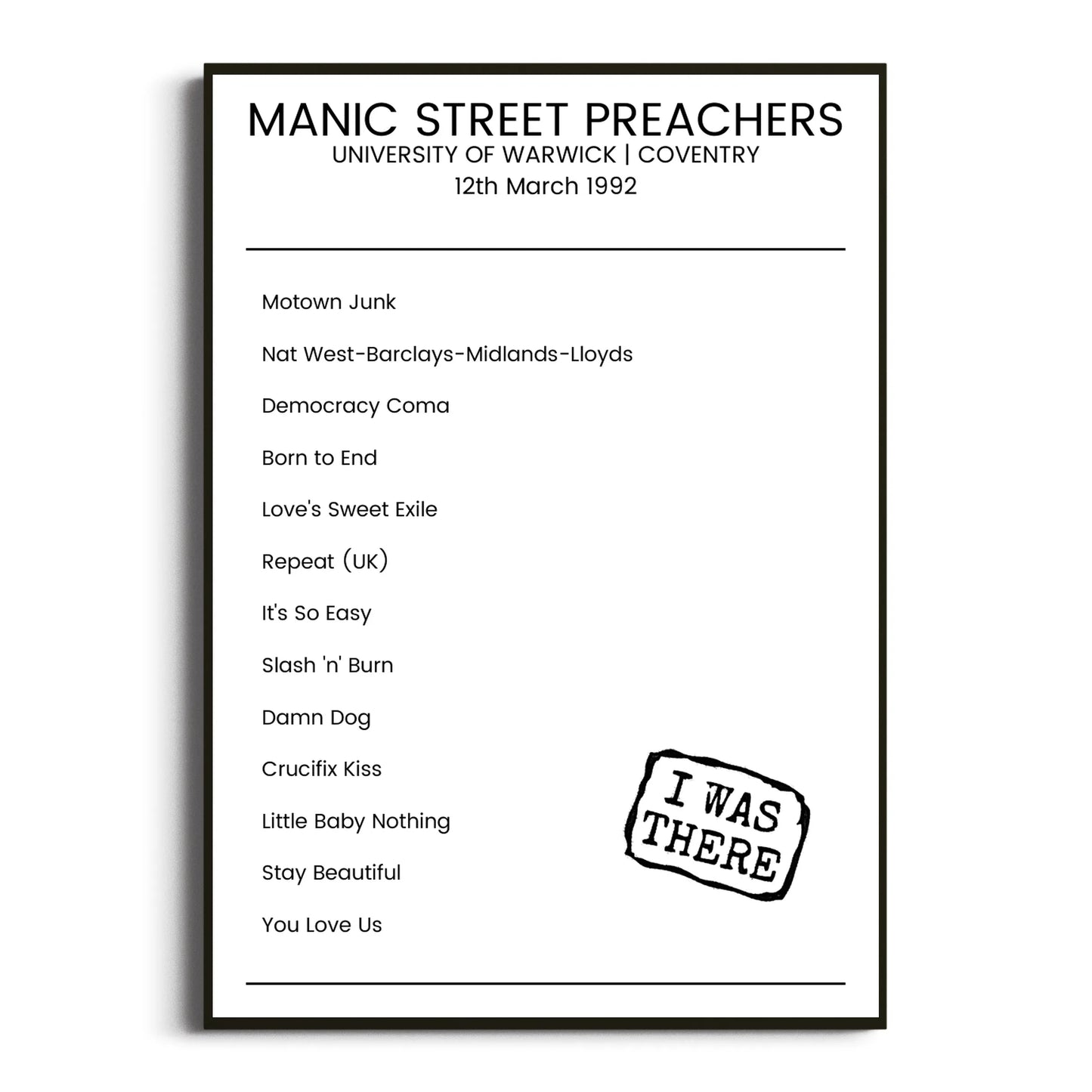 Manic Street Preachers Coventry 12 March 1992 Setlist Poster