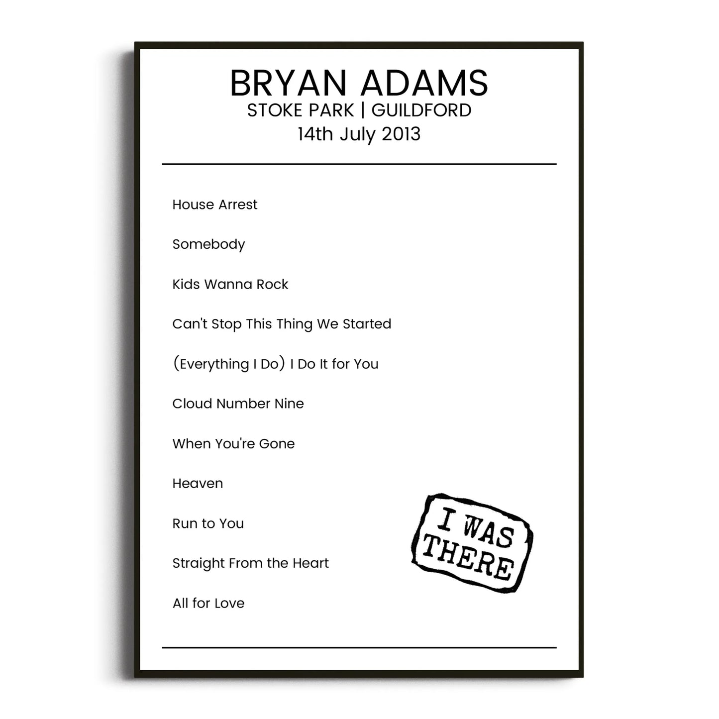 Bryan Adams Guildford 14 July 2013 Setlist Poster