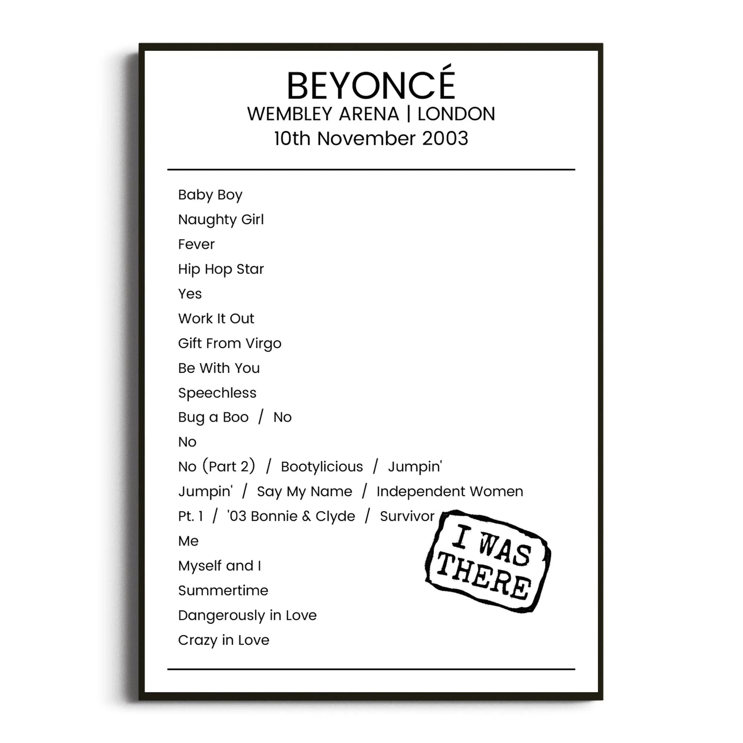 Beyoncé London 10 November 2003 Setlist Poster