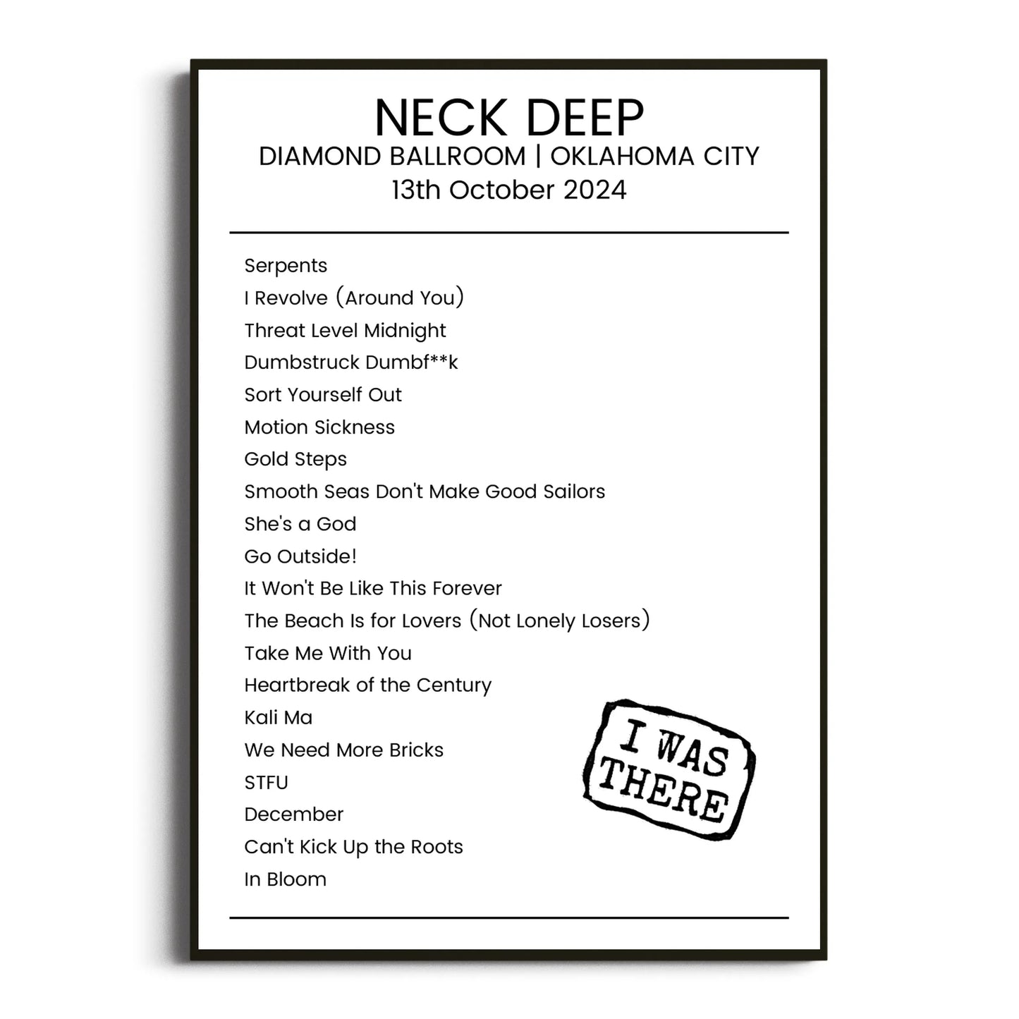 Neck Deep Oklahoma City 13 October 2024 Setlist Poster