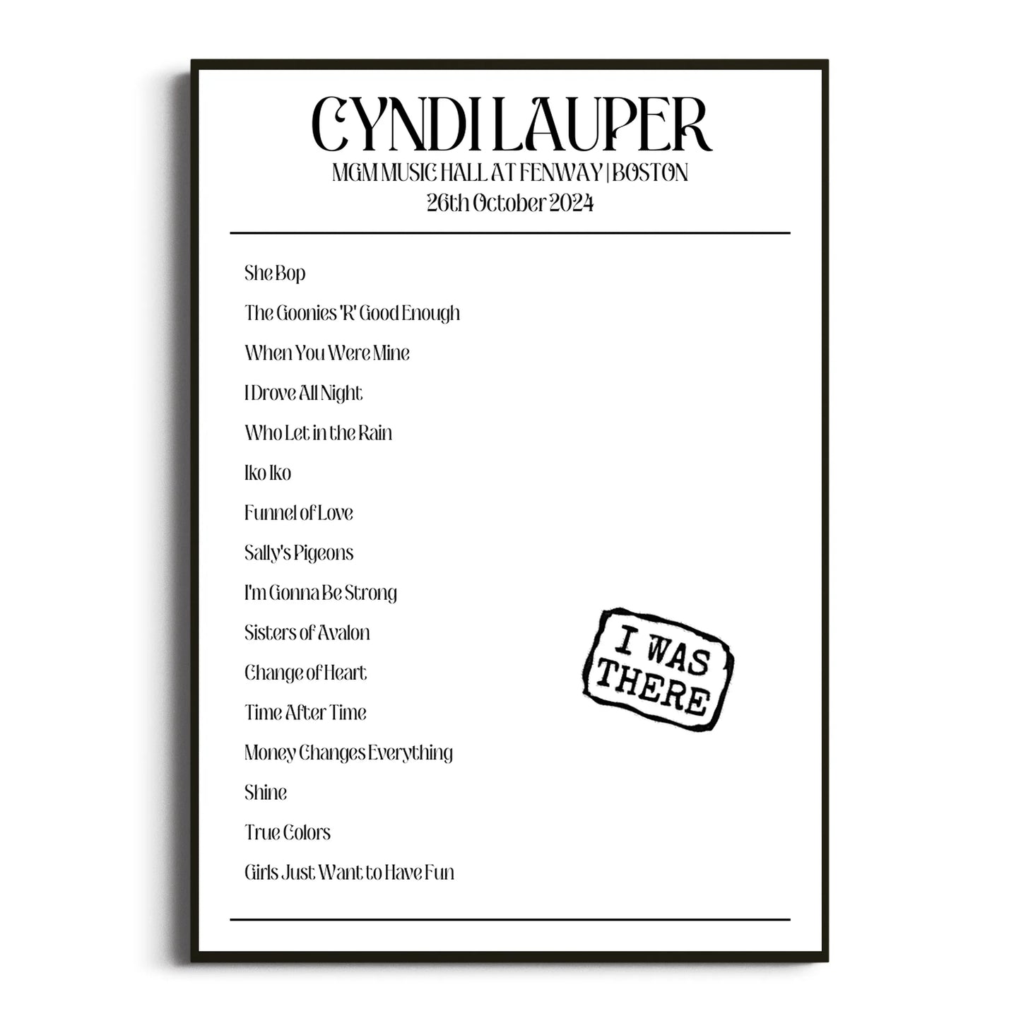 Cyndi Lauper Boston 26 October 2024 Setlist Poster