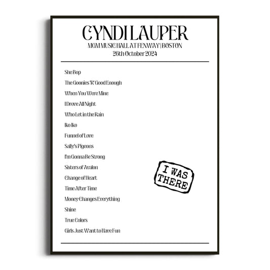 Cyndi Lauper Boston 26 October 2024 Setlist Poster