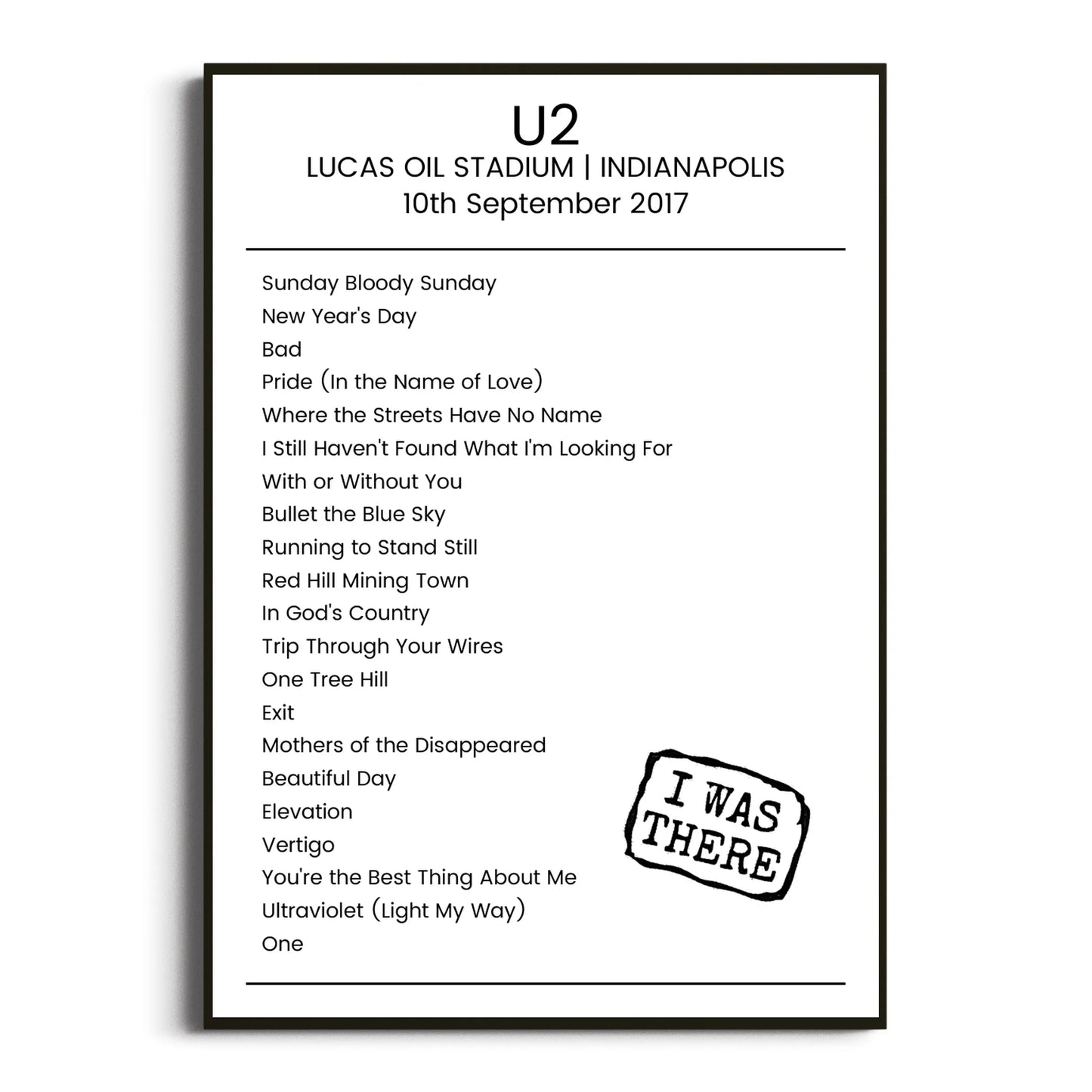 U2 Indianapolis 10 September 2017 Setlist Poster