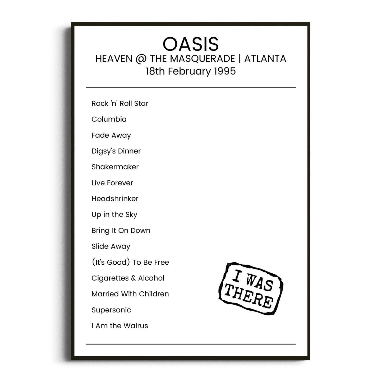 Oasis Atlanta 18 February 1995 Setlist Poster