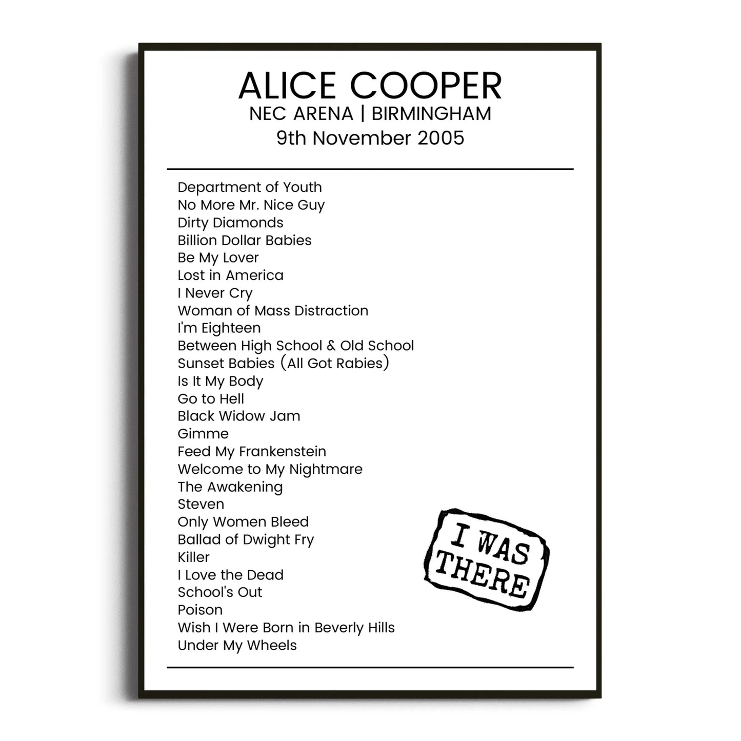 Alice Cooper Birmingham 09 November 2005 Setlist Poster