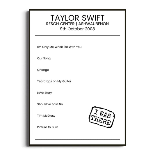 Taylor Swift Ashwaubenon 09 October 2008 Setlist Poster