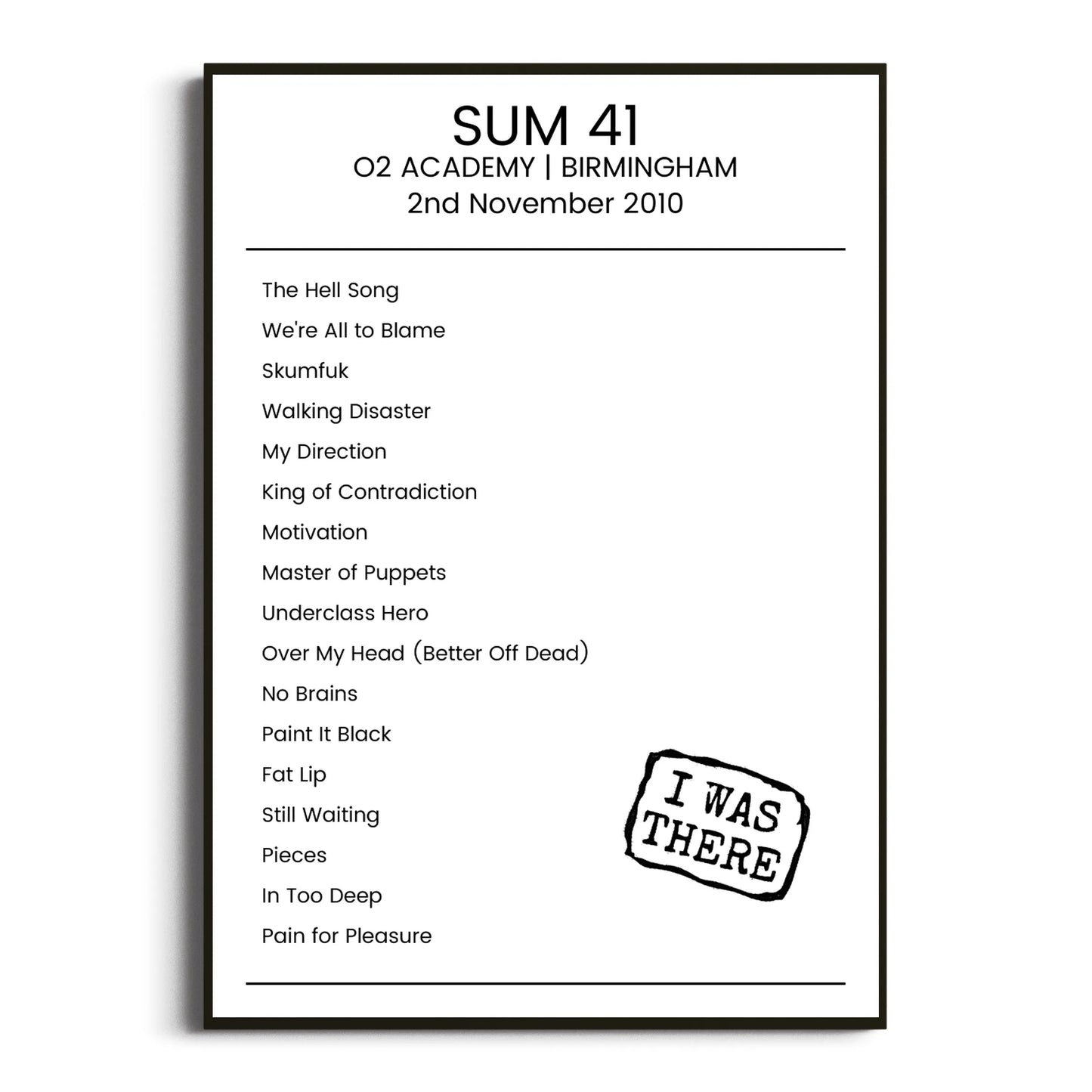 Sum 41 Birmingham 02 November 2010 Setlist Poster