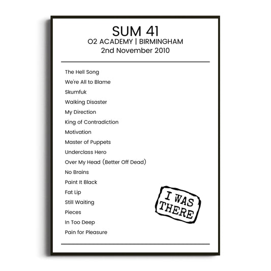 Sum 41 Birmingham 02 November 2010 Setlist Poster