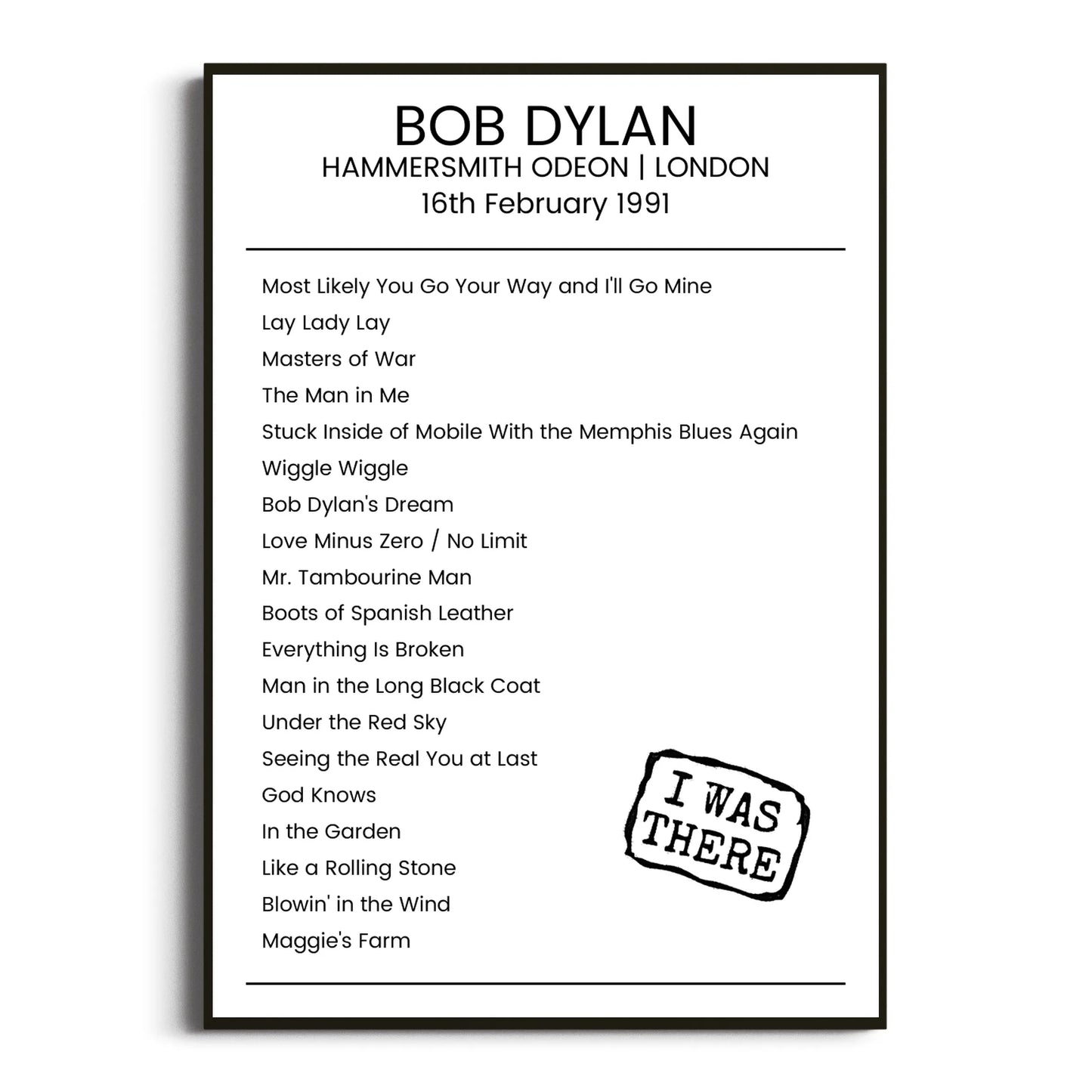 Bob Dylan London 16 February 1991 Setlist Poster