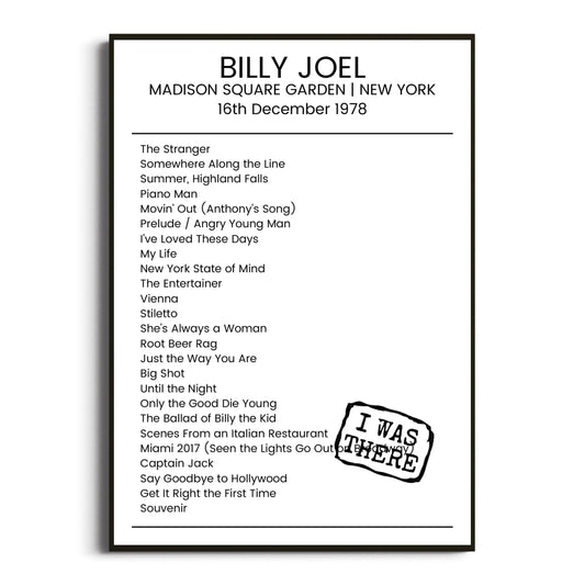 Billy Joel New York 16 December 1978 Setlist Poster