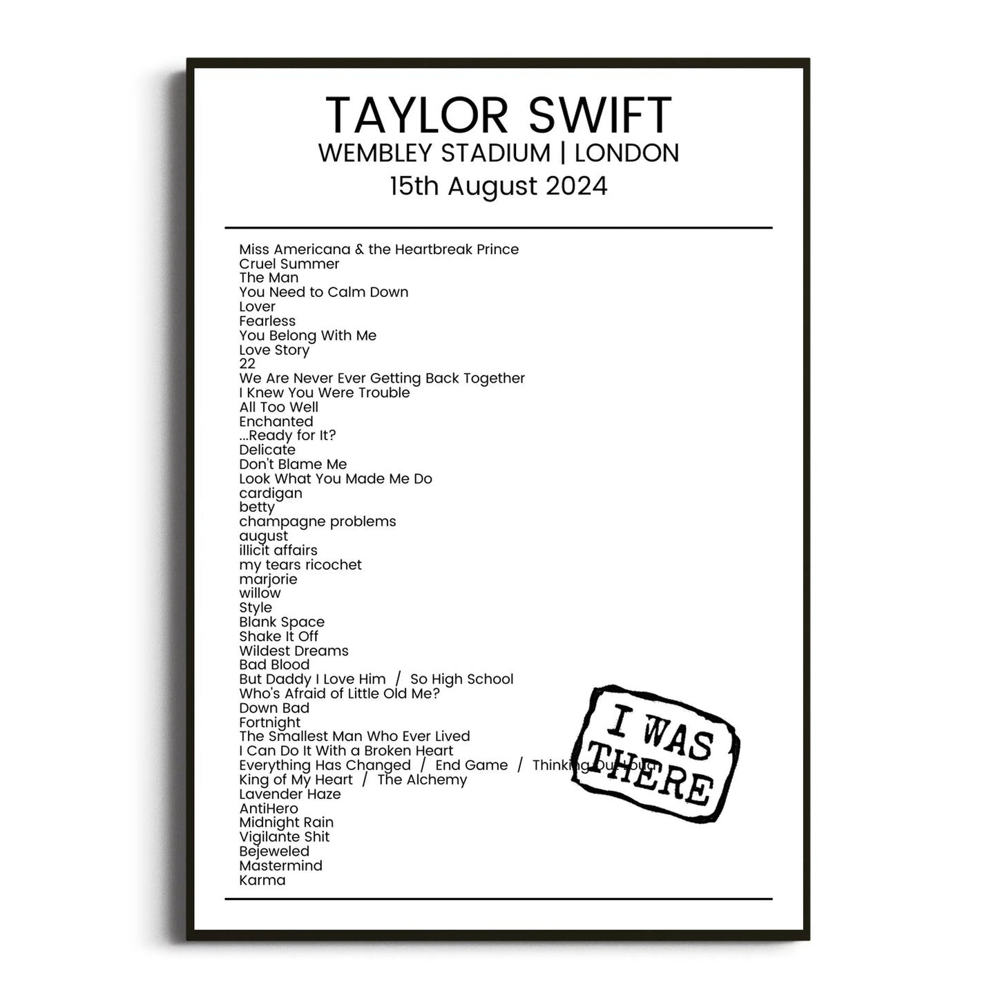 Taylor Swift London 15 August 2024 Setlist Poster