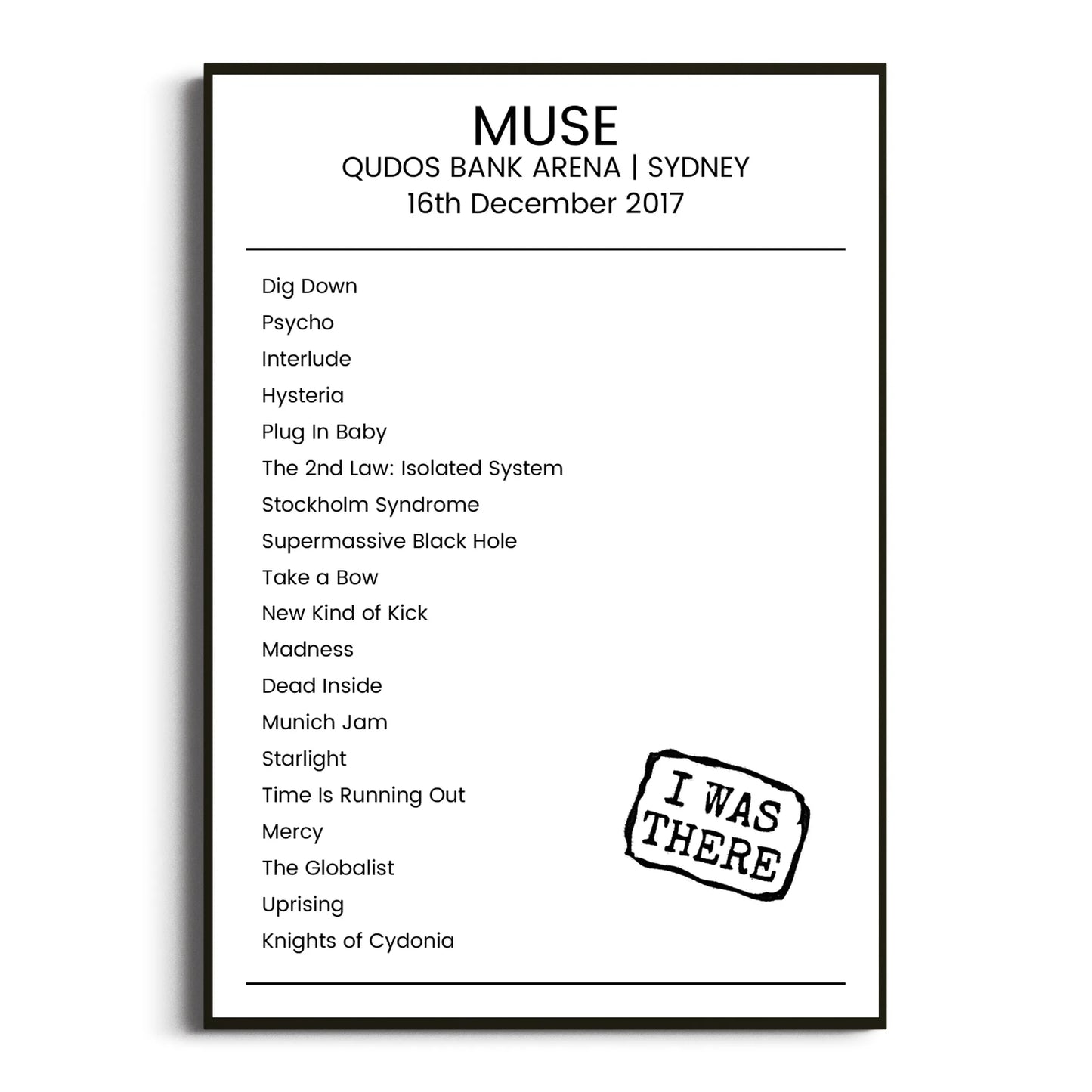 Muse Sydney 16 December 2017 Setlist Poster