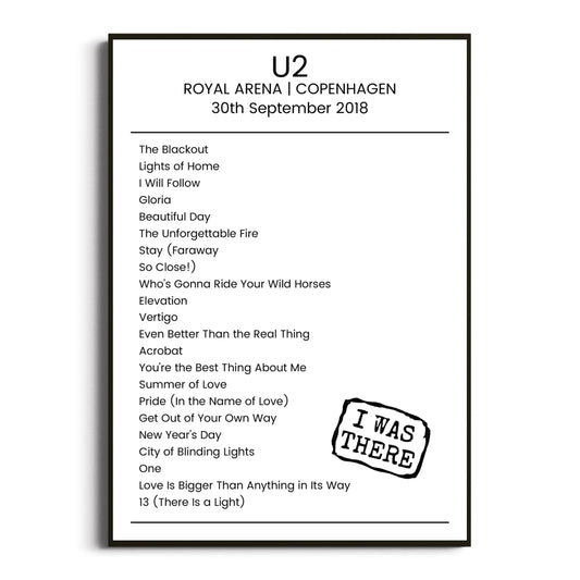 U2 Copenhagen 30 September 2018 Setlist Poster