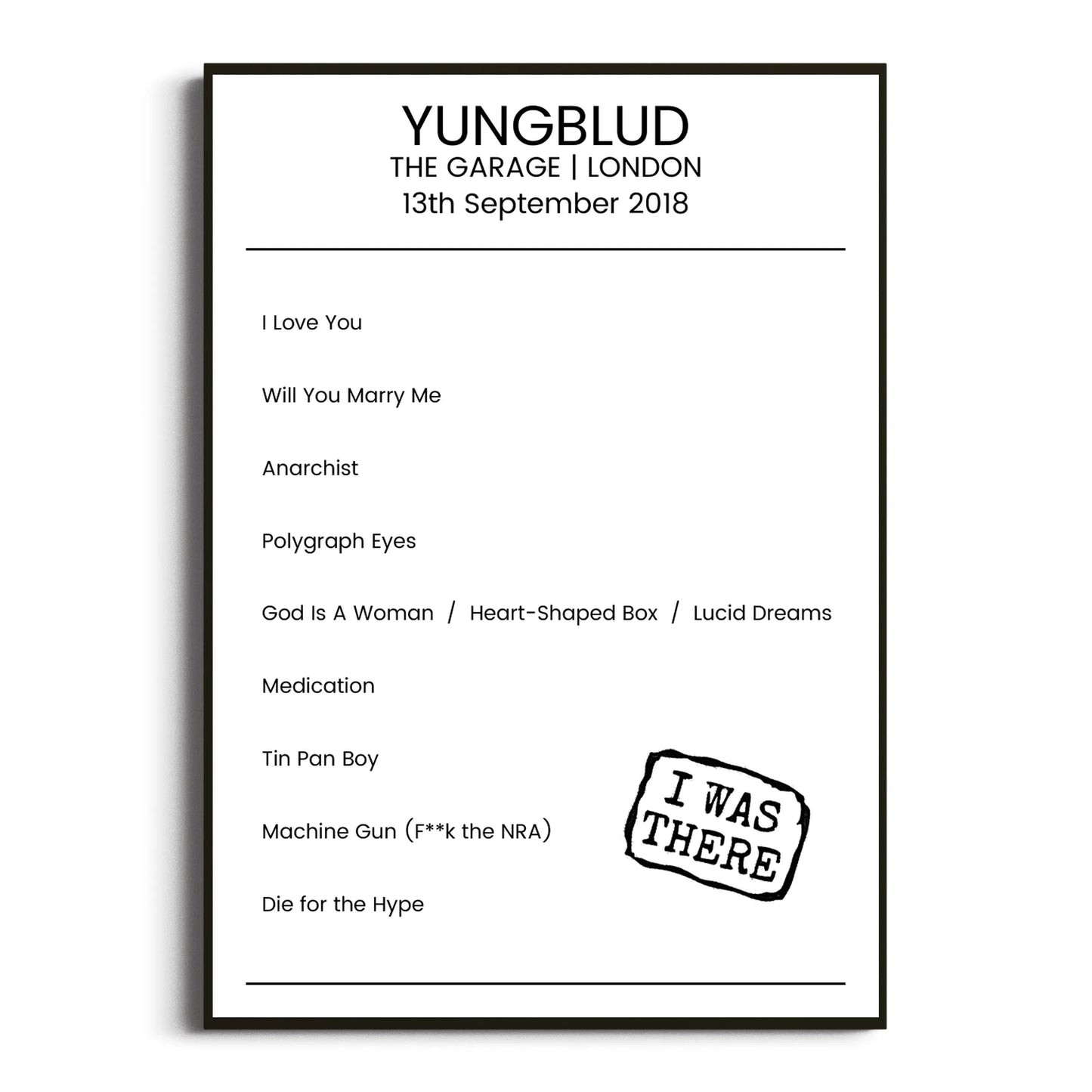 YUNGBLUD London 13 September 2018 Setlist Poster