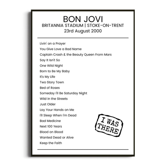 Bon Jovi Stoke-on-Trent 23 August 2000 Setlist Poster