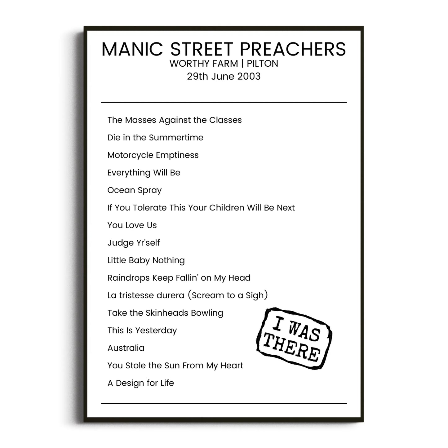 Manic Street Preachers Pilton 29 June 2003 Setlist Poster