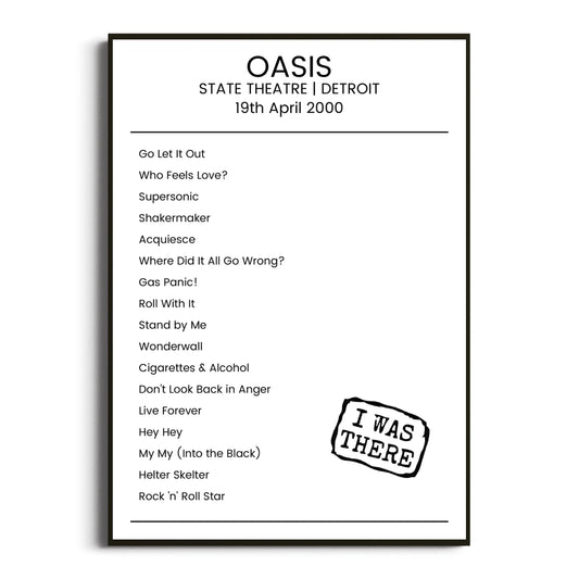 Oasis Detroit 19 April 2000 Setlist Poster