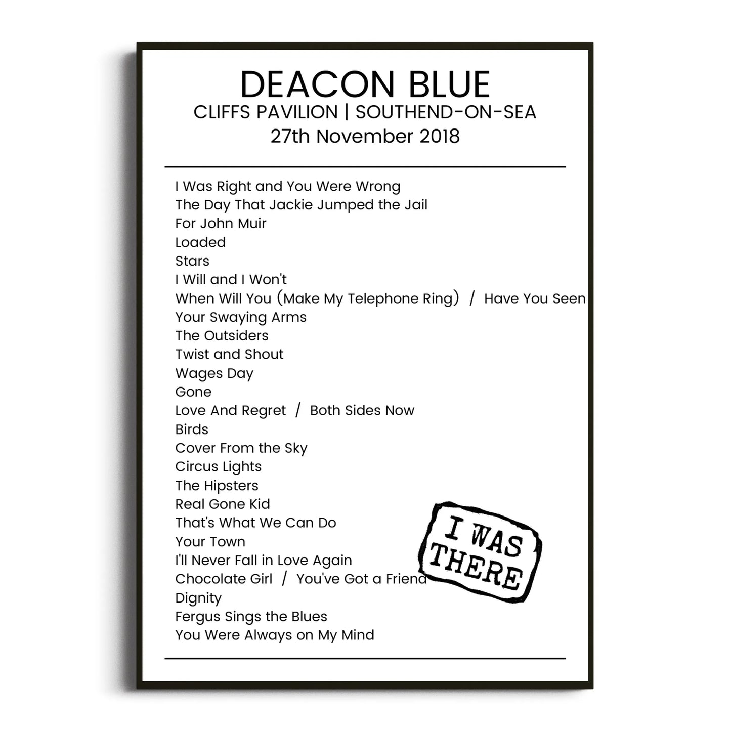 Deacon Blue Southend-on-Sea 27 November 2018 Setlist Poster