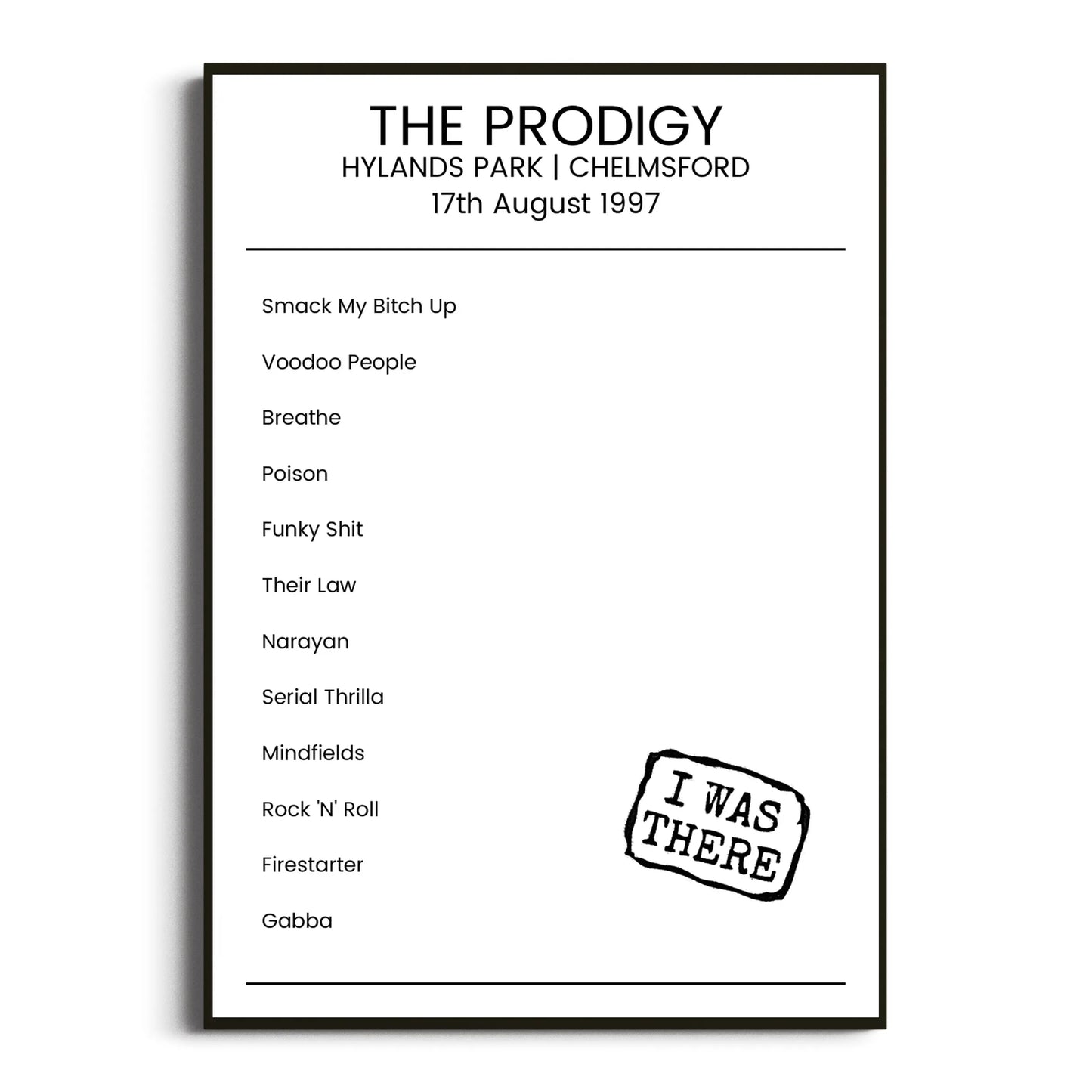 The Prodigy Chelmsford 17 August 1997 Setlist Poster