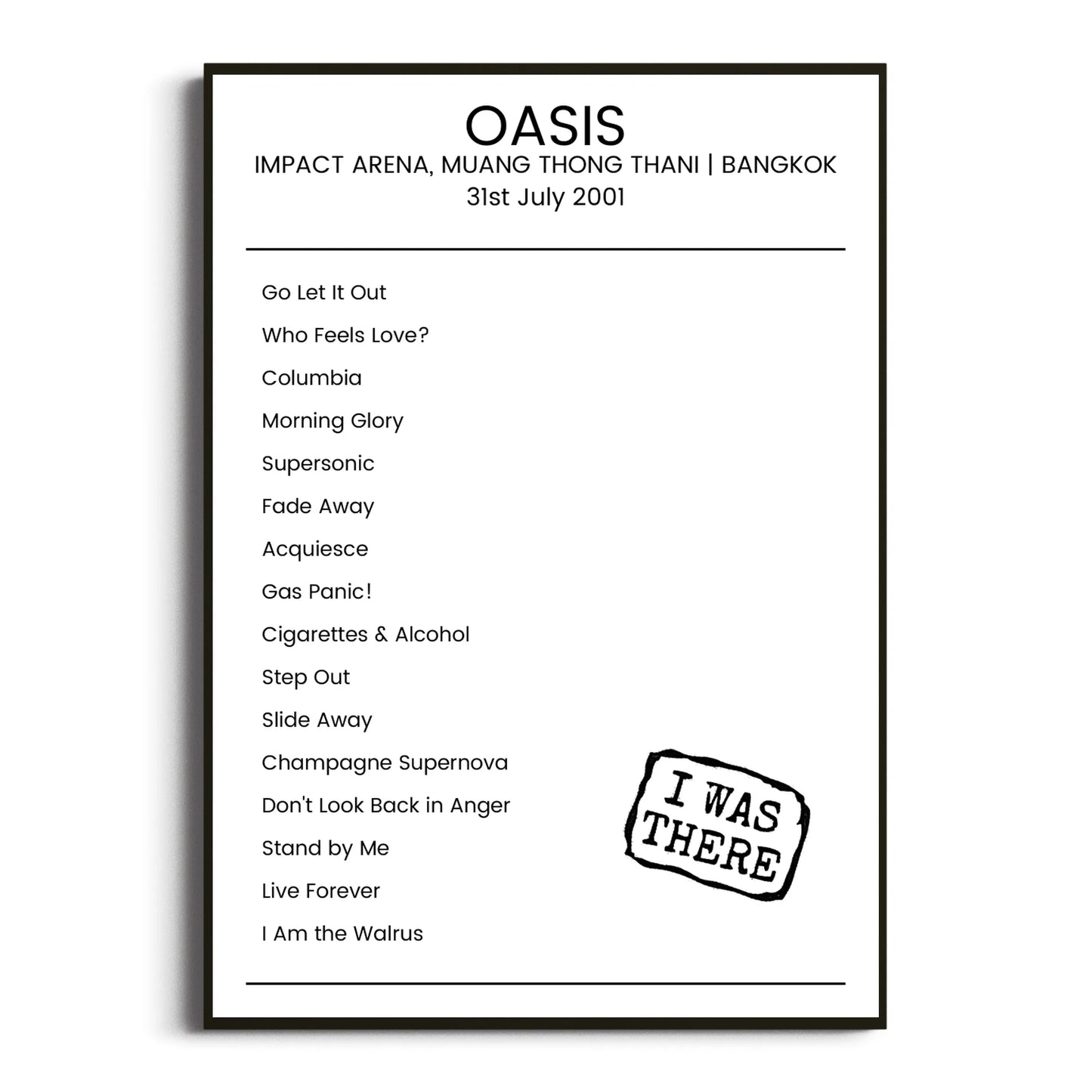 Oasis Bangkok 31 July 2001 Setlist Poster