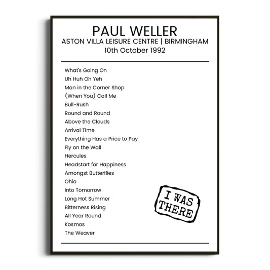 Paul Weller Birmingham 10 October 1992 Setlist Poster