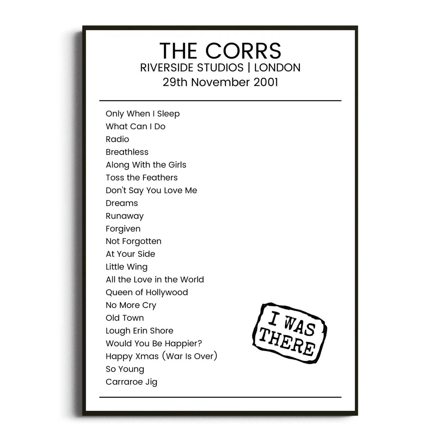 The Corrs London 29 November 2001 Setlist Poster