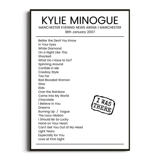 Kylie Minogue Manchester 18 January 2007 Setlist Poster