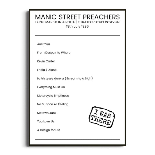 Manic Street Preachers Stratford-upon-Avon 19 July 1996 Setlist Poster