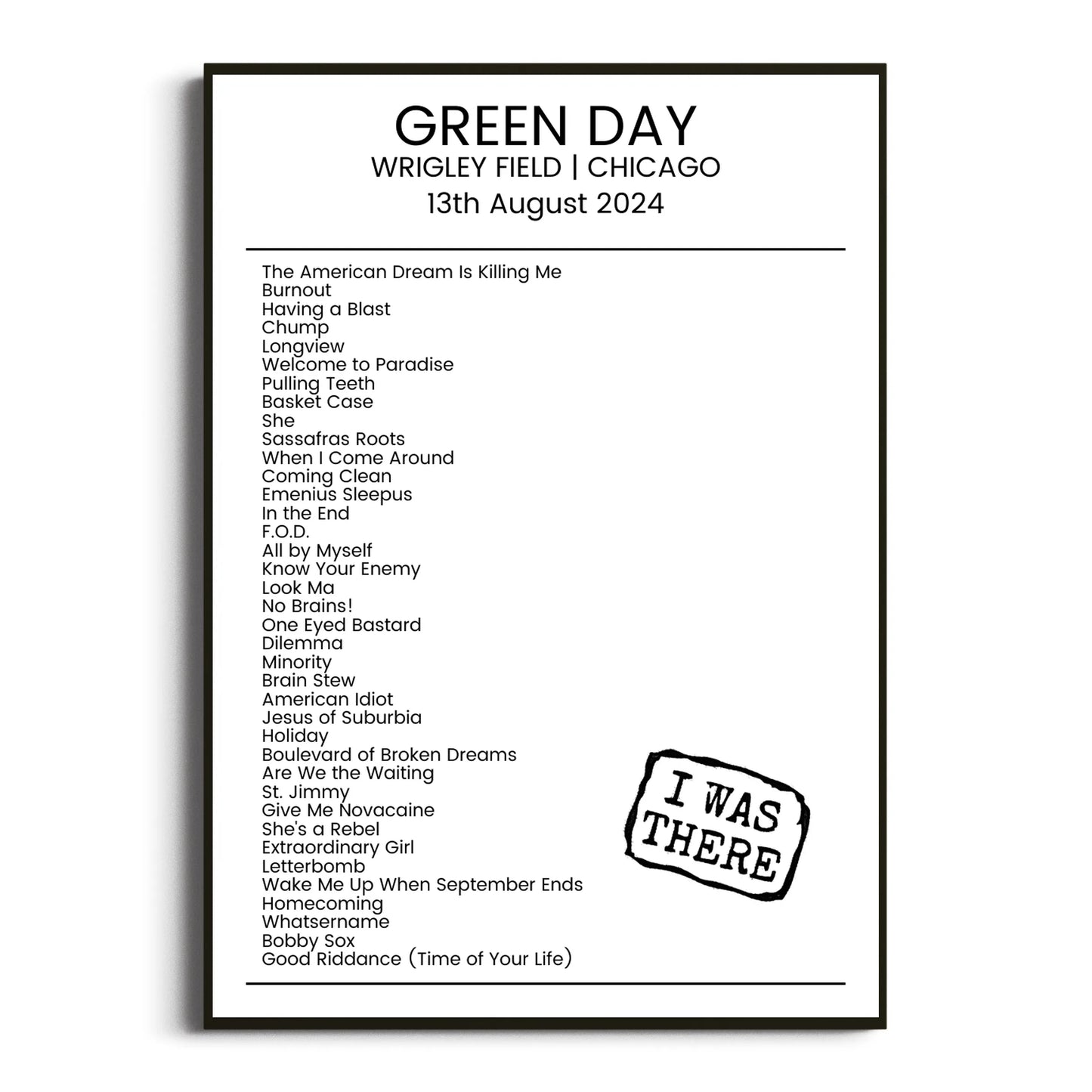 Green Day Chicago 13 August 2024 Setlist Poster