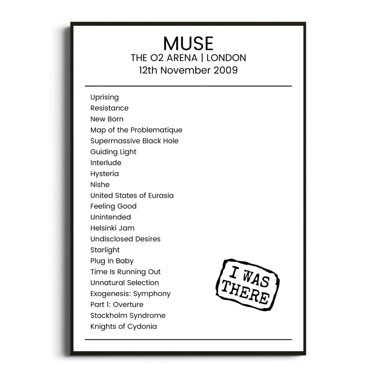 Muse London 12 November 2009 Setlist Poster