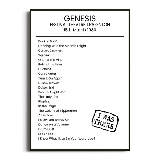 Genesis Paignton 18 March 1980 Setlist Poster