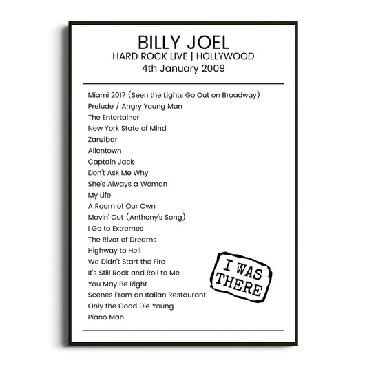 Billy Joel Hollywood 04 January 2009 Setlist Poster