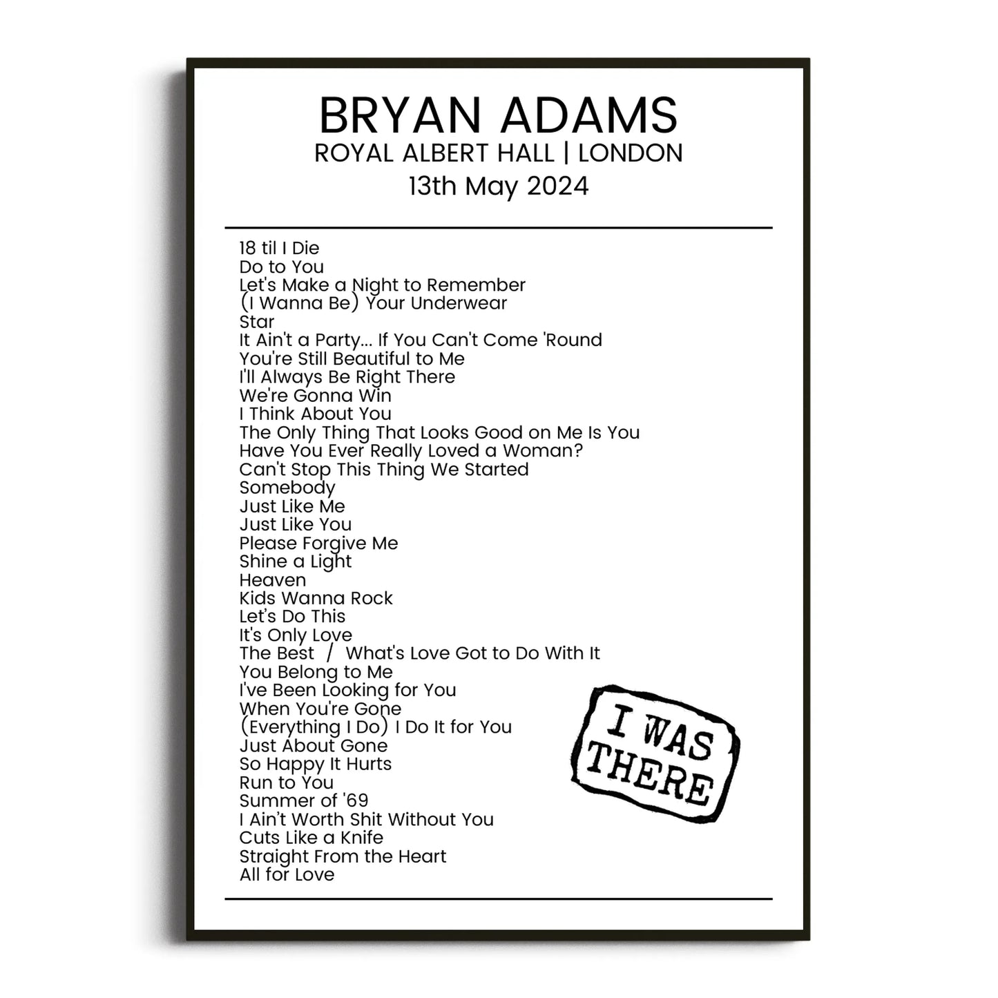 Bryan Adams London 13 May 2024 Setlist Poster