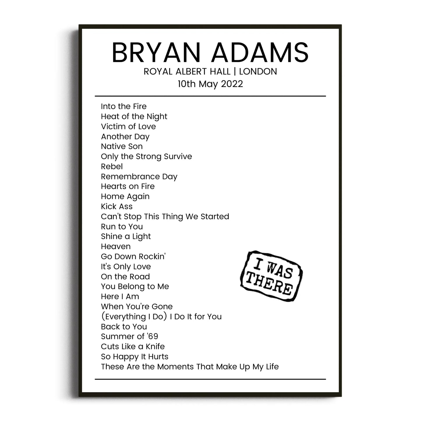 Bryan Adams London 10 May 2022 Setlist Poster