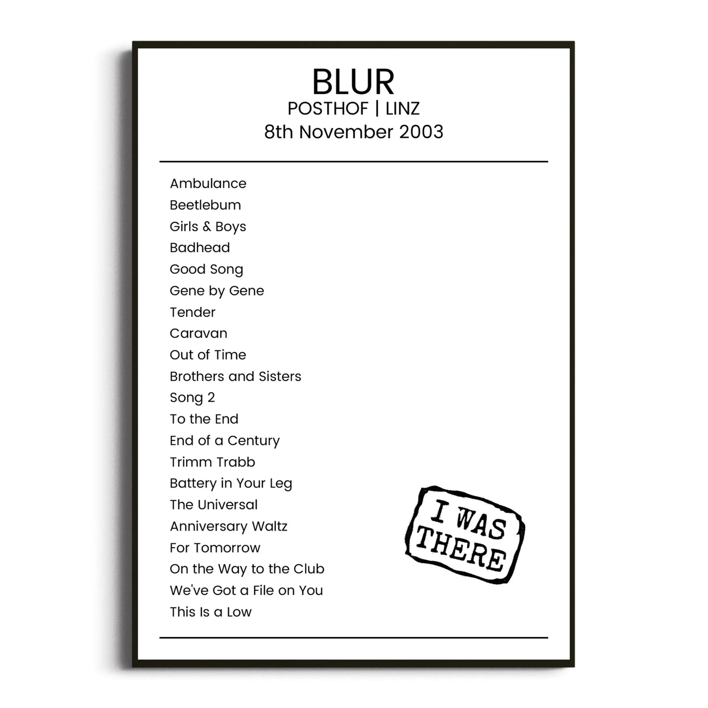 Blur Linz 08 November 2003 Setlist Poster