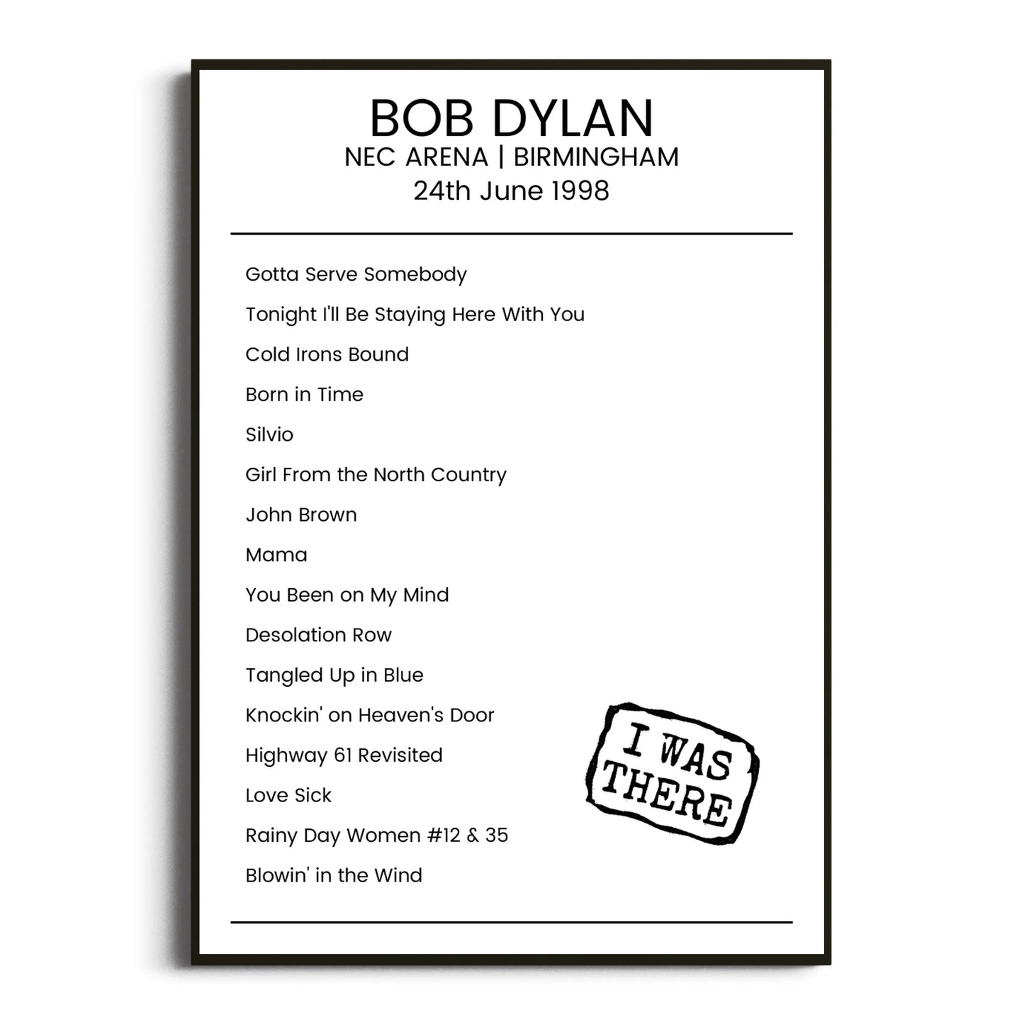 Bob Dylan Birmingham 24 June 1998 Setlist Poster