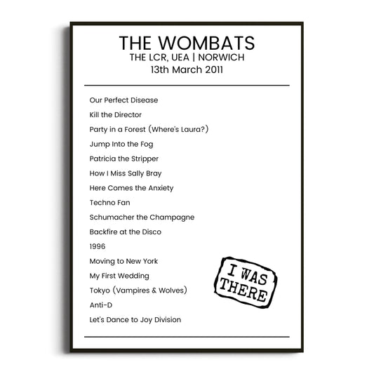 The Wombats Norwich 13 March 2011 Setlist Poster